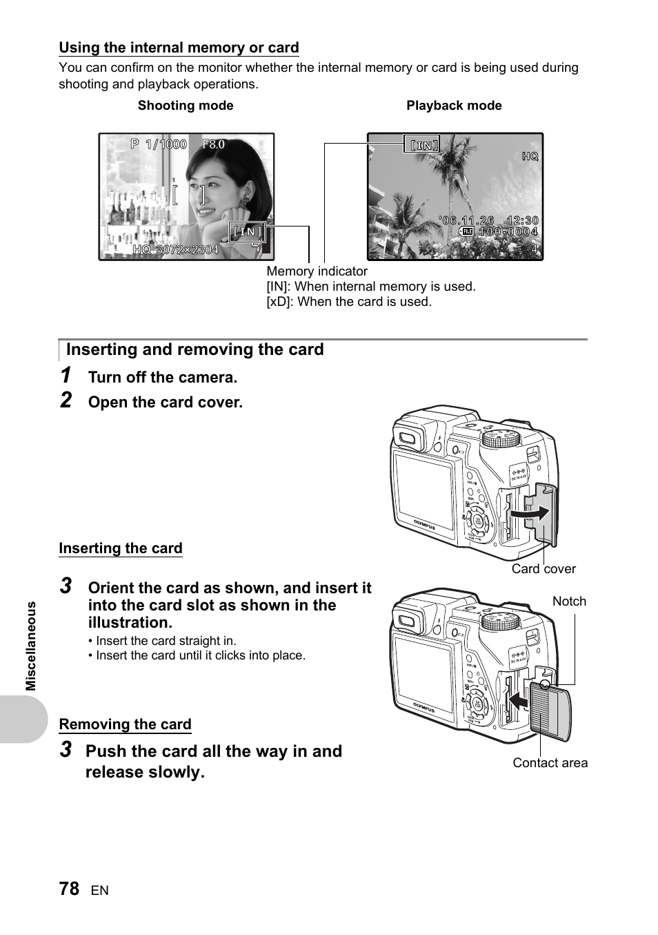 Inserting and removing the card | Olympus SP-510 UZ User Manual | Page 78 / 96