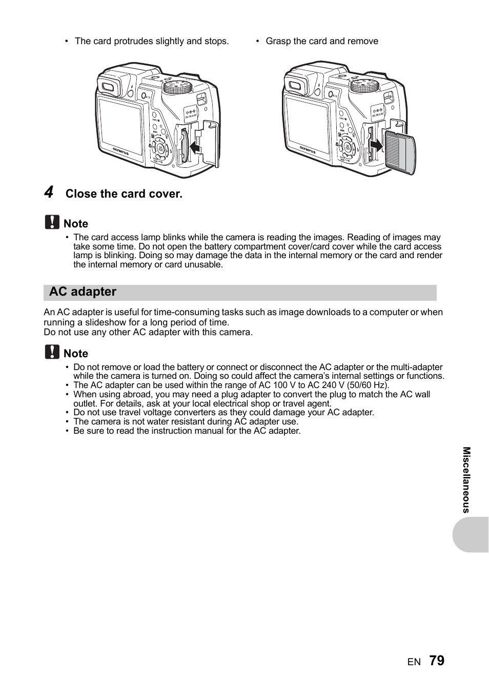 Ac adapter, Close the card cover | Olympus SP-510 UZ User Manual | Page 79 / 96