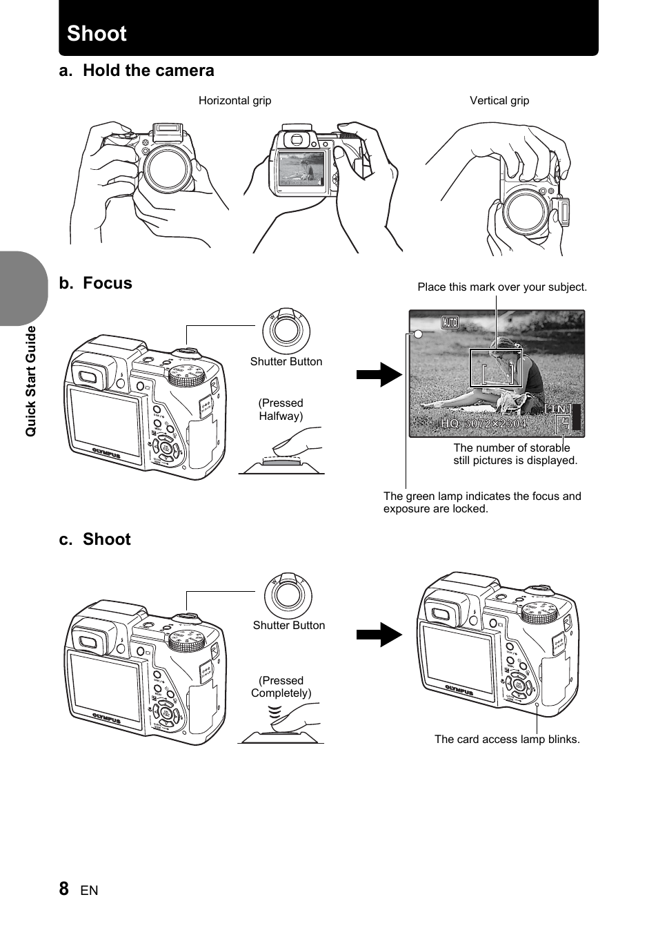 Shoot, A. hold the camera c. shoot, B. focus | Olympus SP-510 UZ User Manual | Page 8 / 96