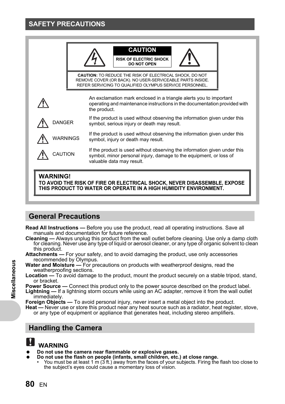 Safety precautions, General precautions, Handling the camera | General precautions handling the camera | Olympus SP-510 UZ User Manual | Page 80 / 96