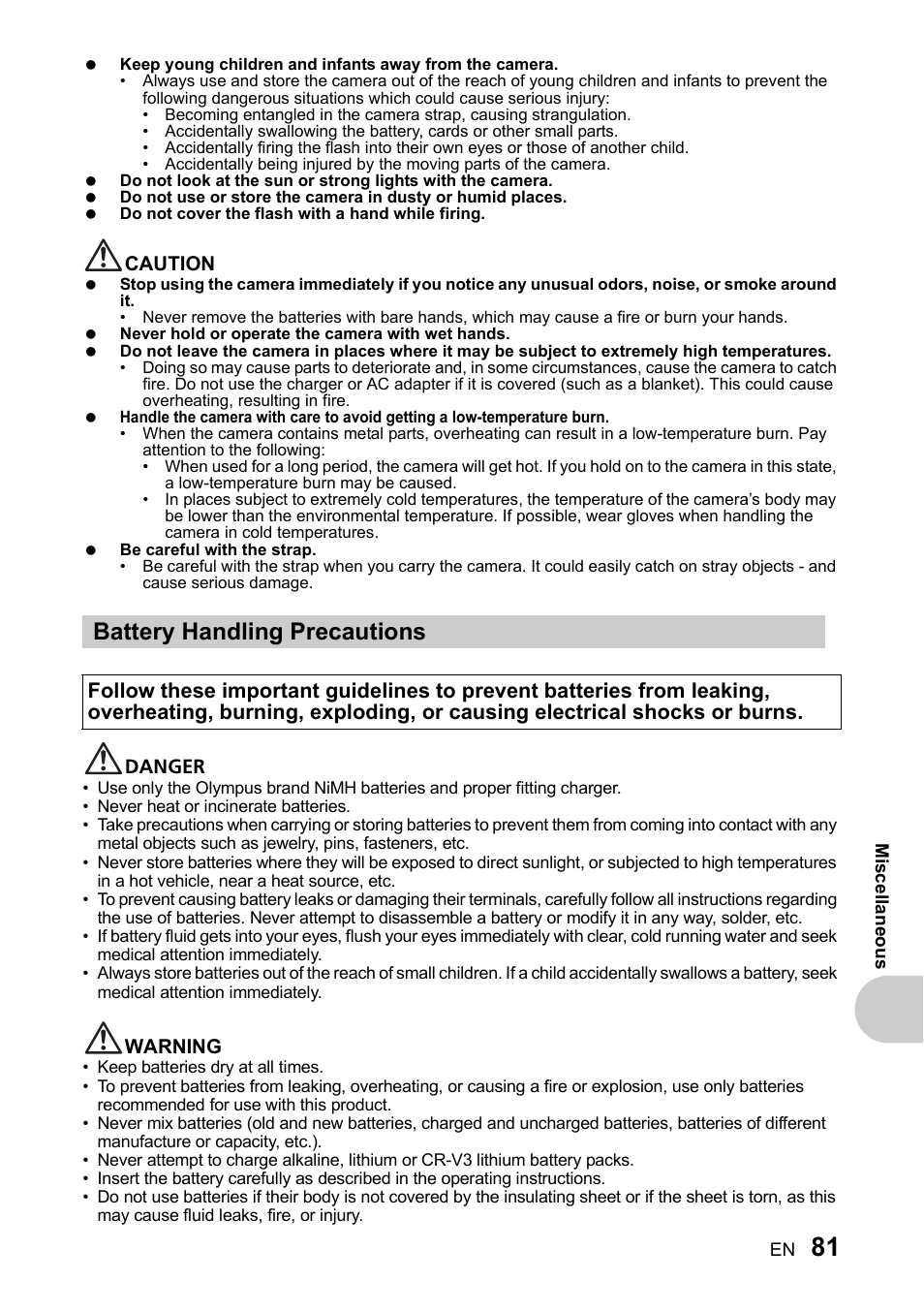 Battery handling precautions | Olympus SP-510 UZ User Manual | Page 81 / 96