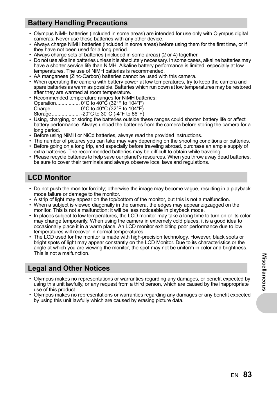 Battery handling precautions, Lcd monitor, Legal and other notices | Olympus SP-510 UZ User Manual | Page 83 / 96