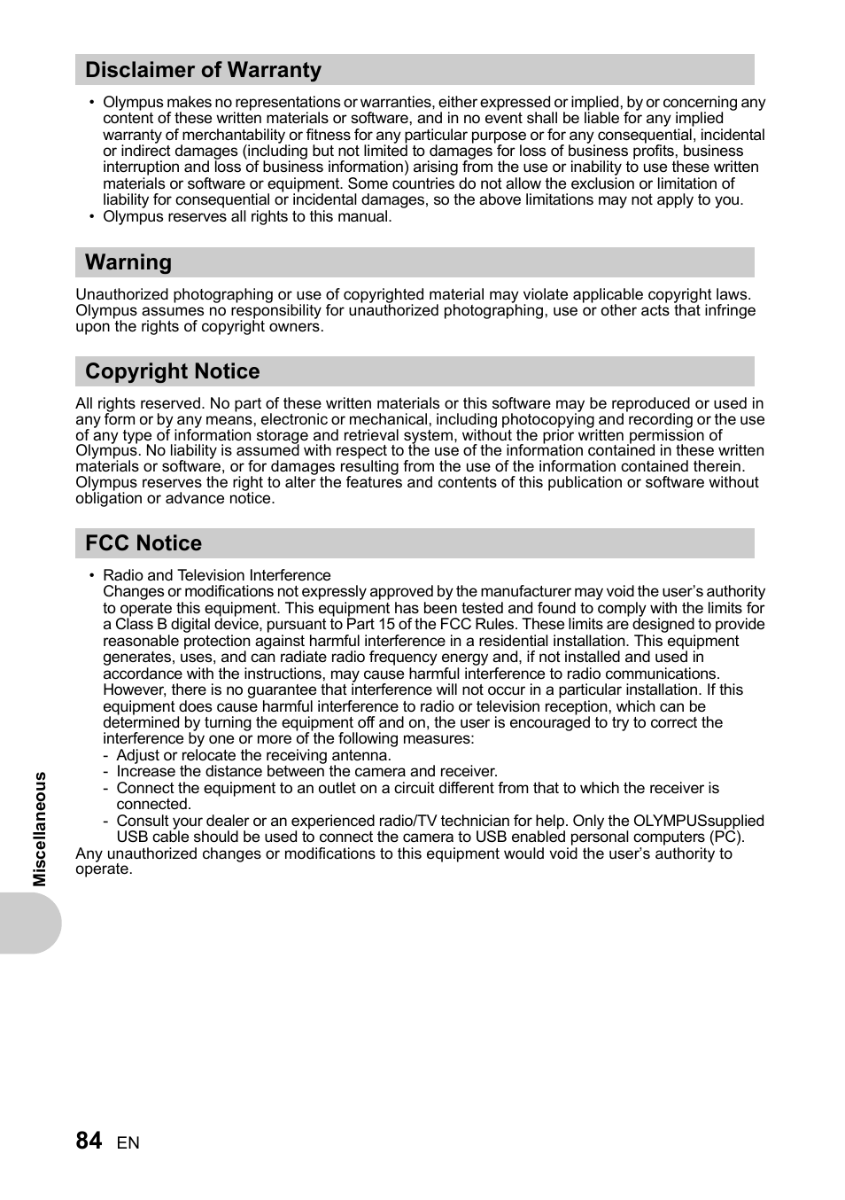 Disclaimer of warranty, Warning, Copyright notice | Fcc notice | Olympus SP-510 UZ User Manual | Page 84 / 96