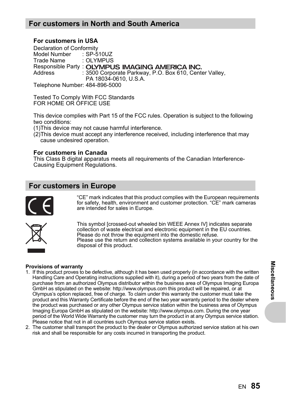 For customers in north and south america, For customers in europe | Olympus SP-510 UZ User Manual | Page 85 / 96