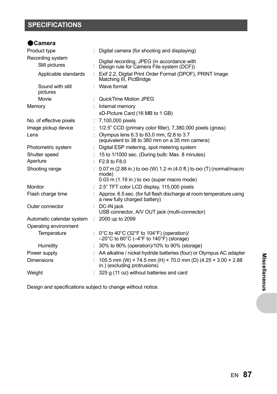 Specifications | Olympus SP-510 UZ User Manual | Page 87 / 96