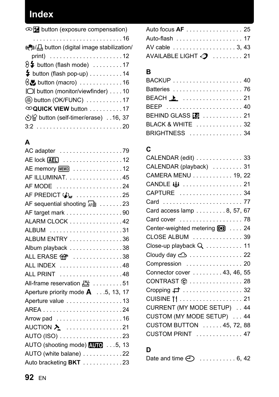 Index | Olympus SP-510 UZ User Manual | Page 92 / 96