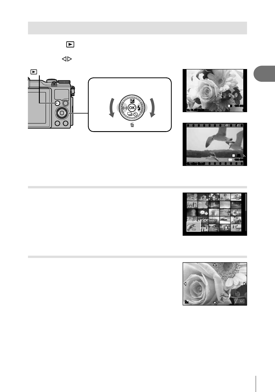 Viewing photographs and movies, Preparations for shooting, Index display | Close-up playback, 11 en, Press the q button | Olympus Stylus XZ-2 iHS User Manual | Page 11 / 102
