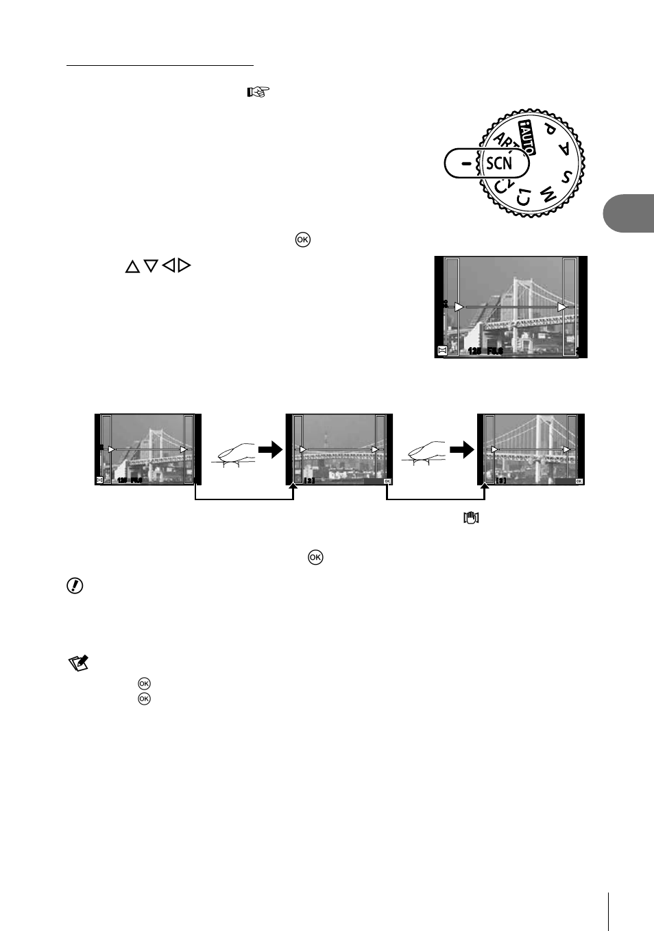 Basic photography, Rotate the mode dial to scn, Select [panorama] and press q | Use fghi to choose a pan direction, Take a picture, using the guides to frame the shot | Olympus Stylus XZ-2 iHS User Manual | Page 21 / 102