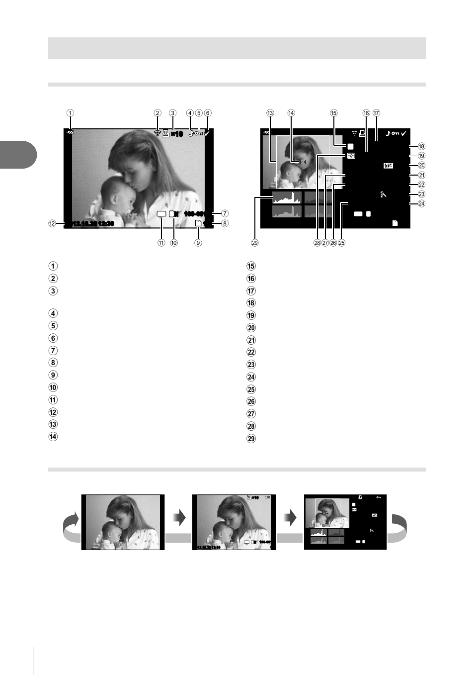 Basic playback operations, Basic photography, Monitor display during playback | Displaying information during playback, 28 en, Simplifi ed display, Overall display, Simplifi ed display image only | Olympus Stylus XZ-2 iHS User Manual | Page 28 / 102