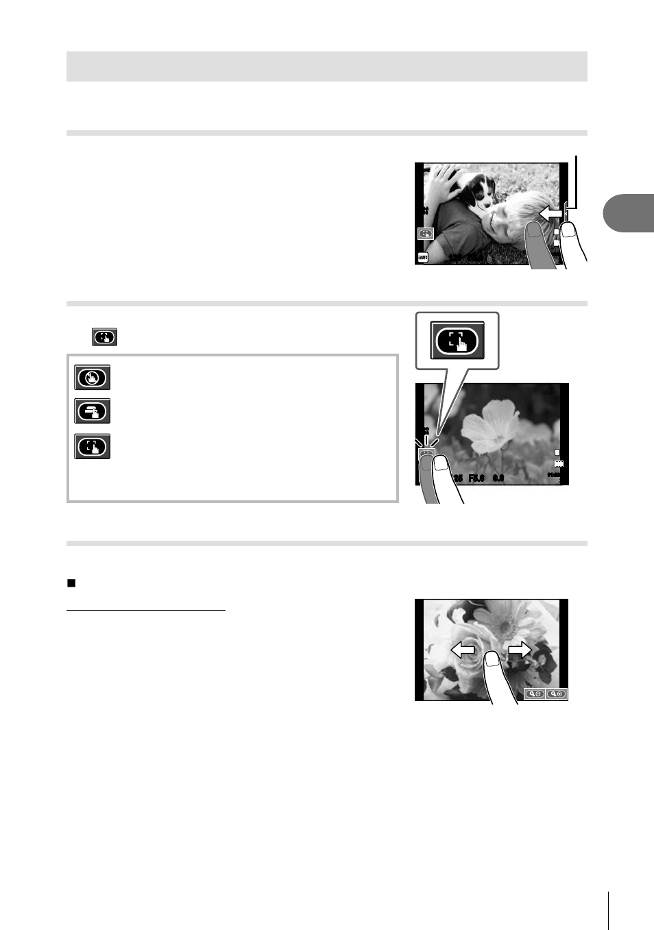 Using the touch screen, Basic photography, Live guides | Shooting mode, Playback mode, Use your fi nger to position the sliders, 33 en, The touch screen can be used with live guides | Olympus Stylus XZ-2 iHS User Manual | Page 33 / 102