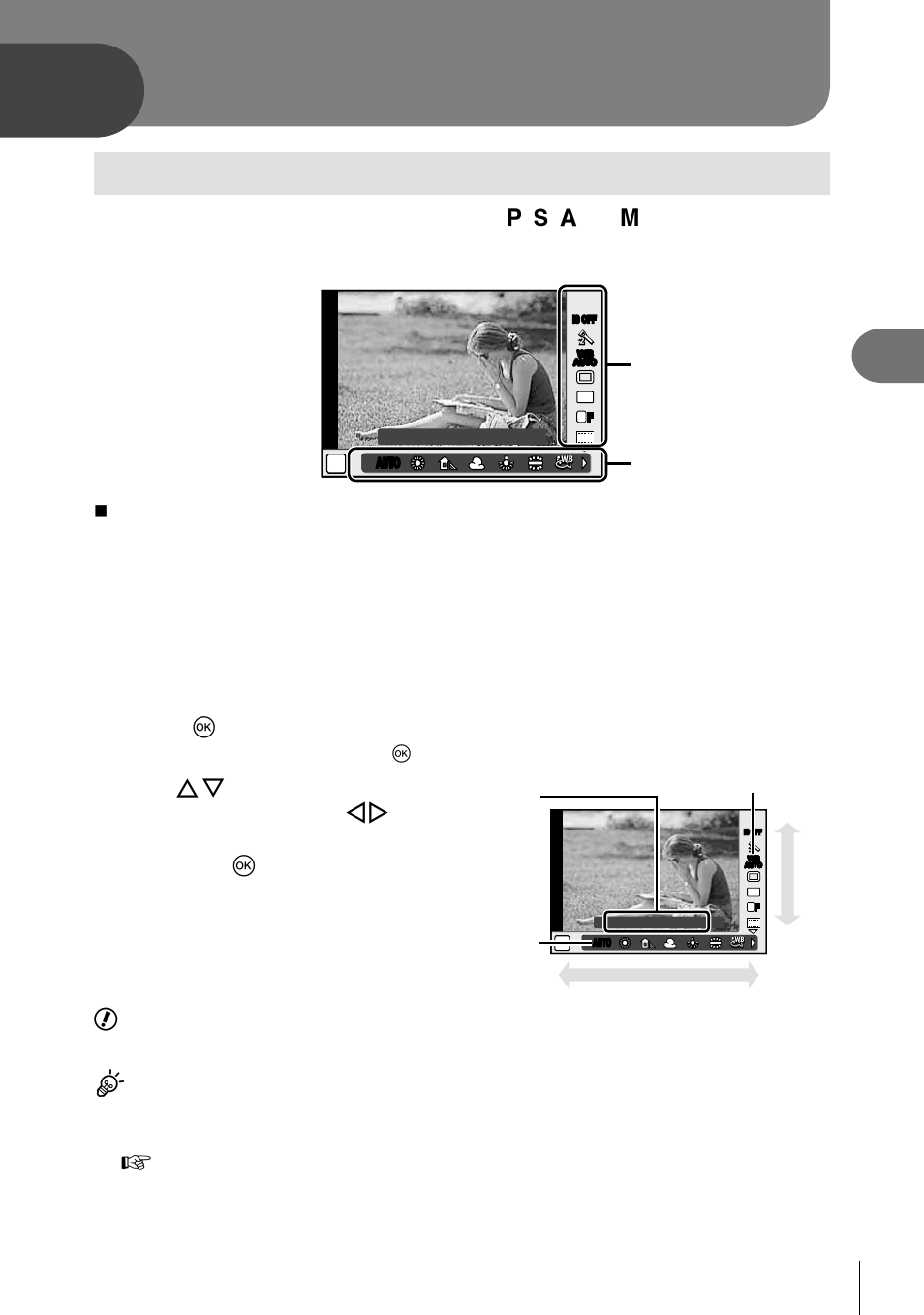 Using live control, Press q to display the live control, 35 en | Available settings, Cautions, Tips | Olympus Stylus XZ-2 iHS User Manual | Page 35 / 102