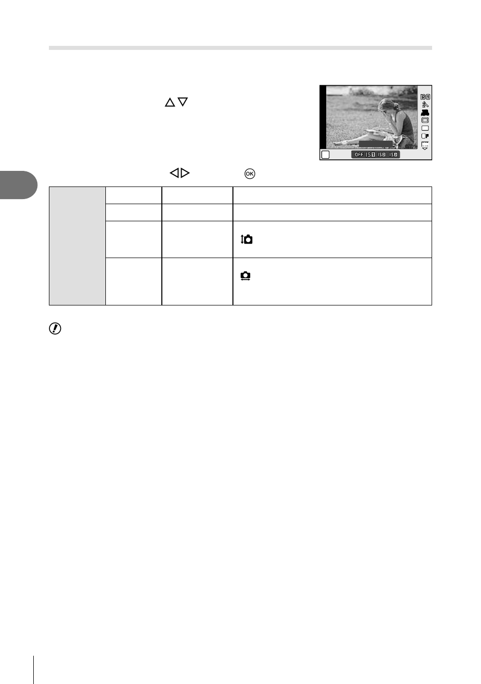 Reducing camera shake (image stabilizer), 36 en, Select an option with hi and press q | Olympus Stylus XZ-2 iHS User Manual | Page 36 / 102