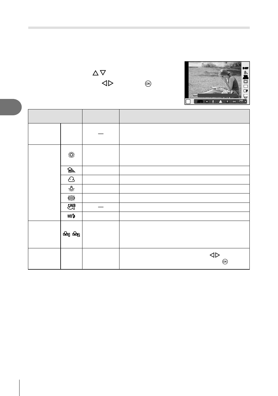 Adjusting color (white balance), 38 en, Select an option using hi and press q | Olympus Stylus XZ-2 iHS User Manual | Page 38 / 102