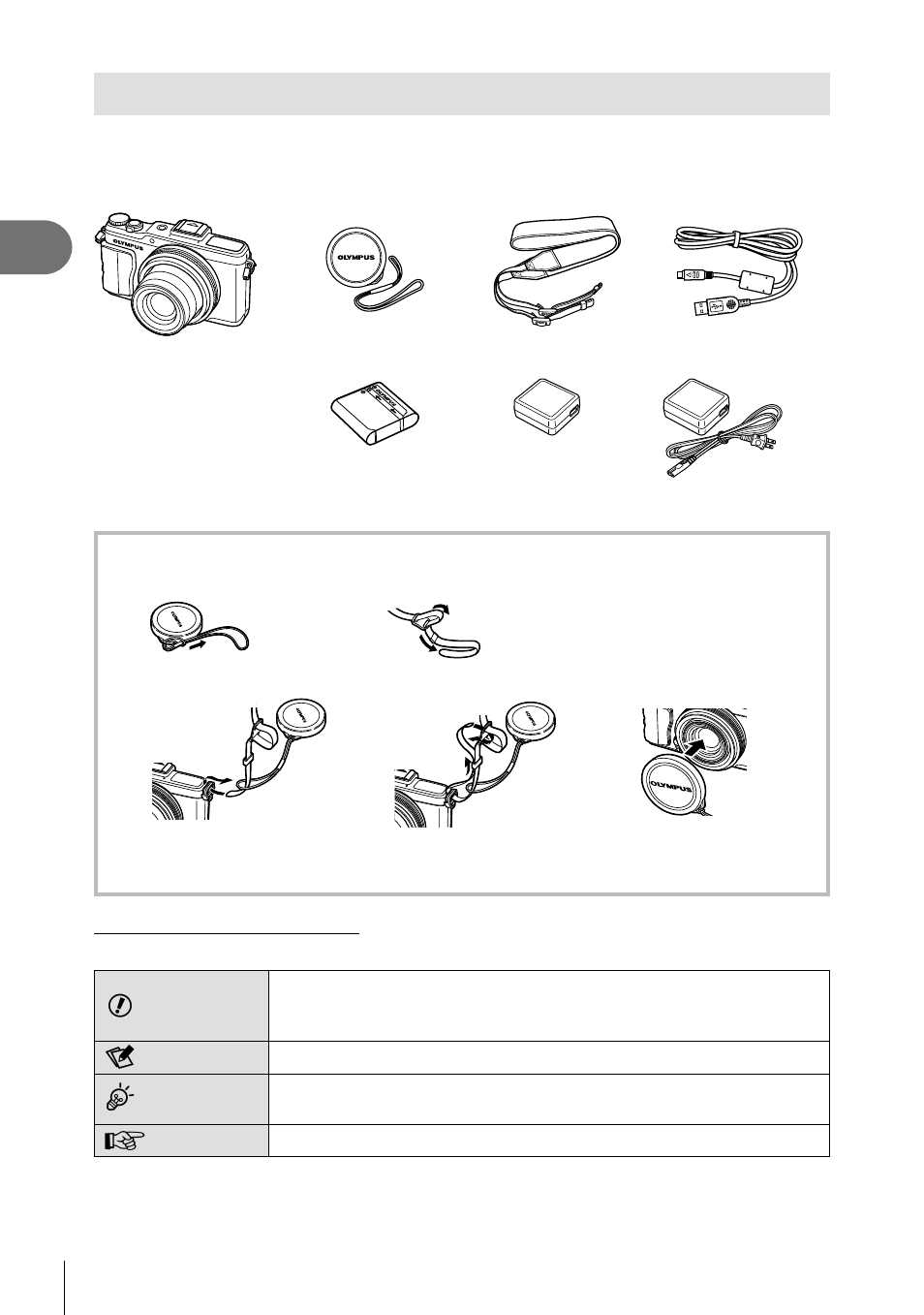 Unpack the box contents | Olympus Stylus XZ-2 iHS User Manual | Page 4 / 102