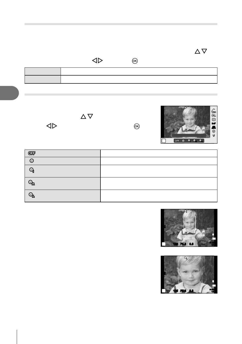 Iso sensitivity, Face priority af/pupil detection af, Select an option using hi and press q | Use hi to select an option and press q, Point the camera at your subject, Press the shutter button halfway to focus, 44 en | Olympus Stylus XZ-2 iHS User Manual | Page 44 / 102