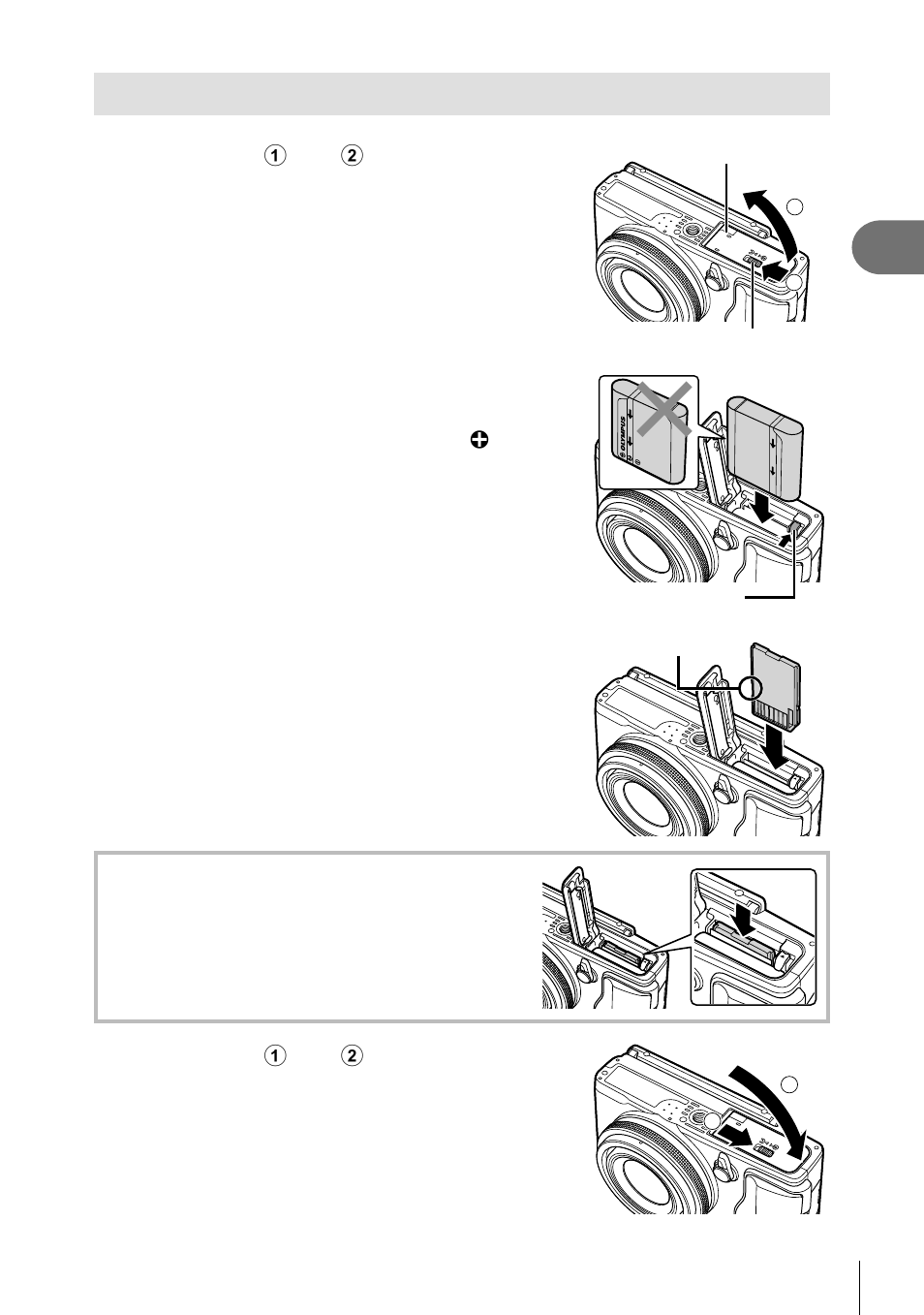 Inserting and removing the battery and card | Olympus Stylus XZ-2 iHS User Manual | Page 5 / 102