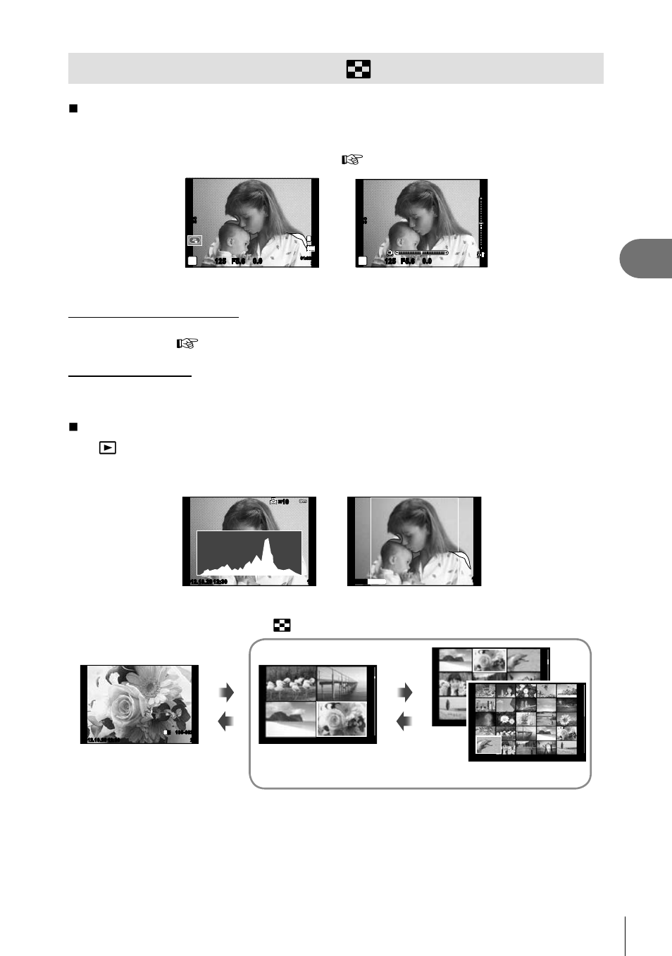 Adding information displays, Adding information displays ( g /info settings), 69 en | Shooting information displays, Playback information displays, Highlight & shadow display level gauge display, Highlight & shadow display histogram display, 4 frames, Single-frame playback 9 frames, 25 frames | Olympus Stylus XZ-2 iHS User Manual | Page 69 / 102