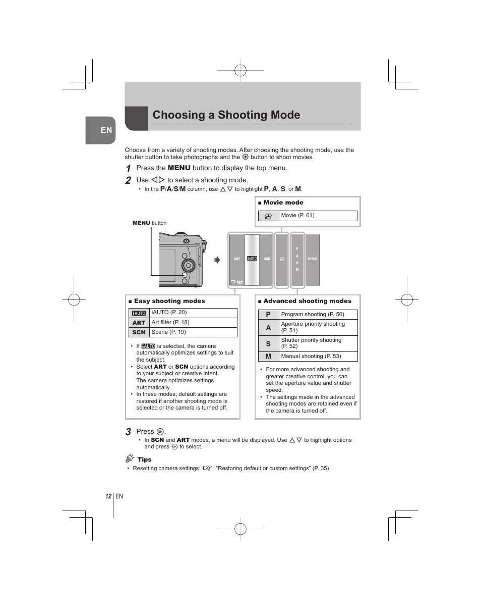 Choosing a shooting mode | Olympus E-PM1 User Manual | Page 12 / 92