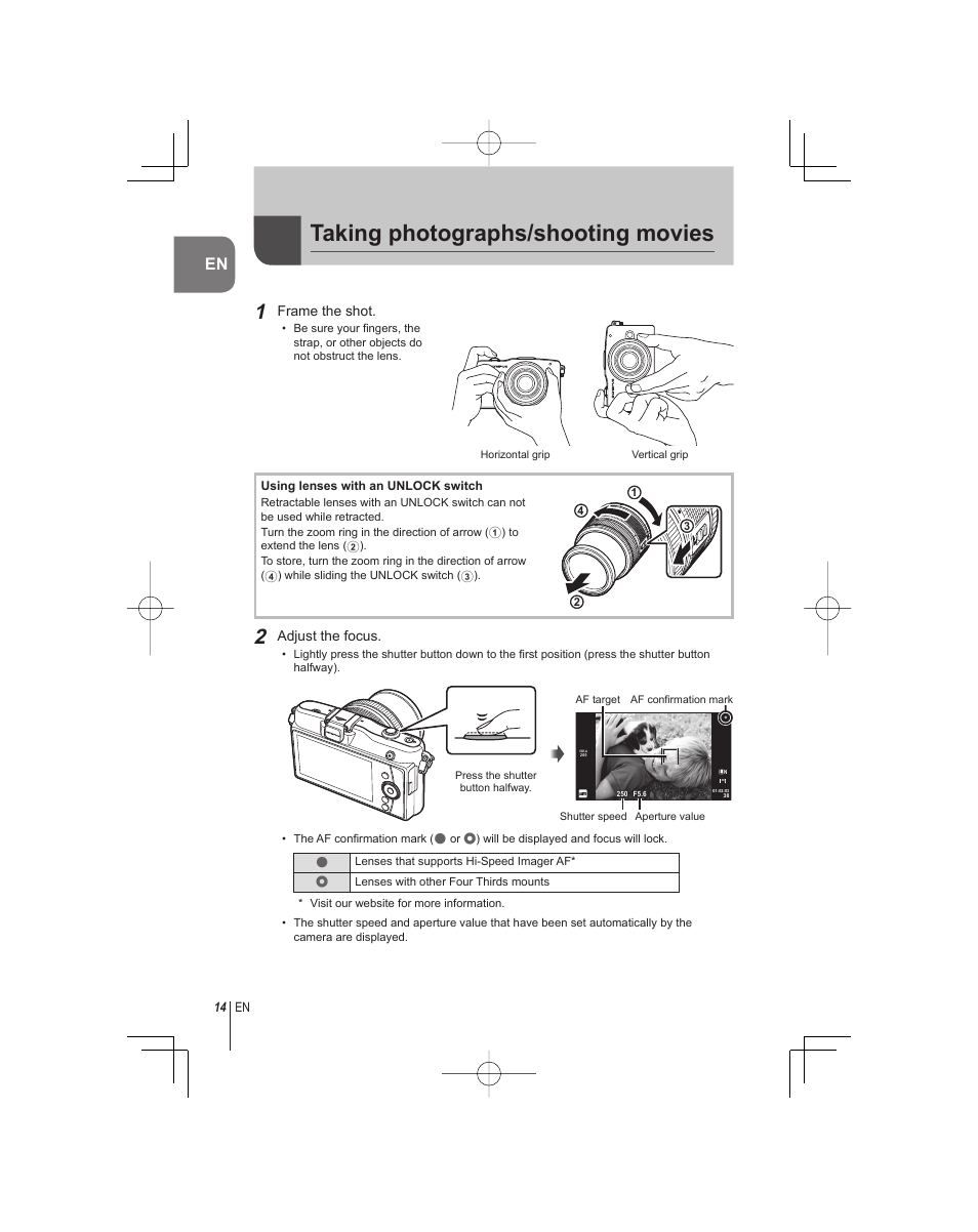 Taking photographs/shooting movies | Olympus E-PM1 User Manual | Page 14 / 92