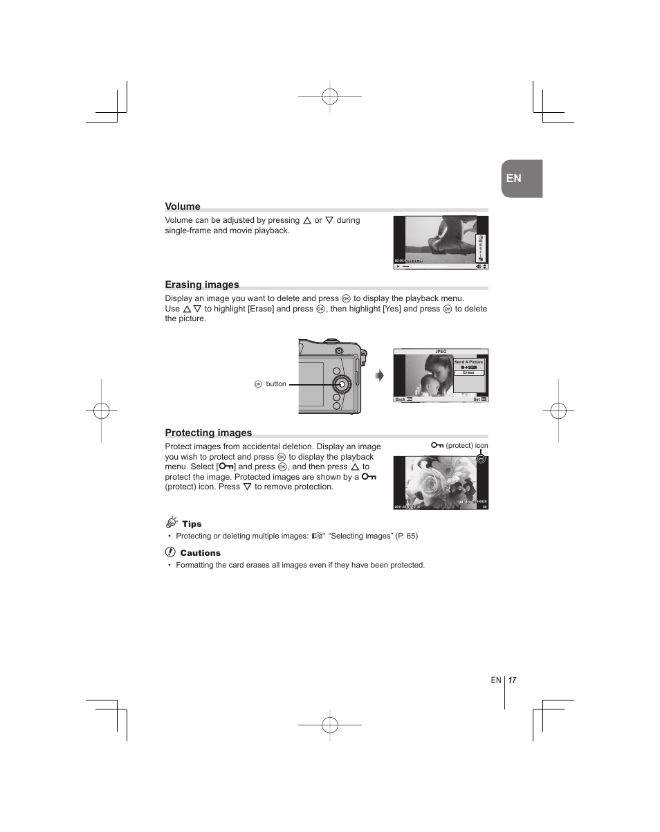 Volume, Erasing images, Protecting images | Olympus E-PM1 User Manual | Page 17 / 92