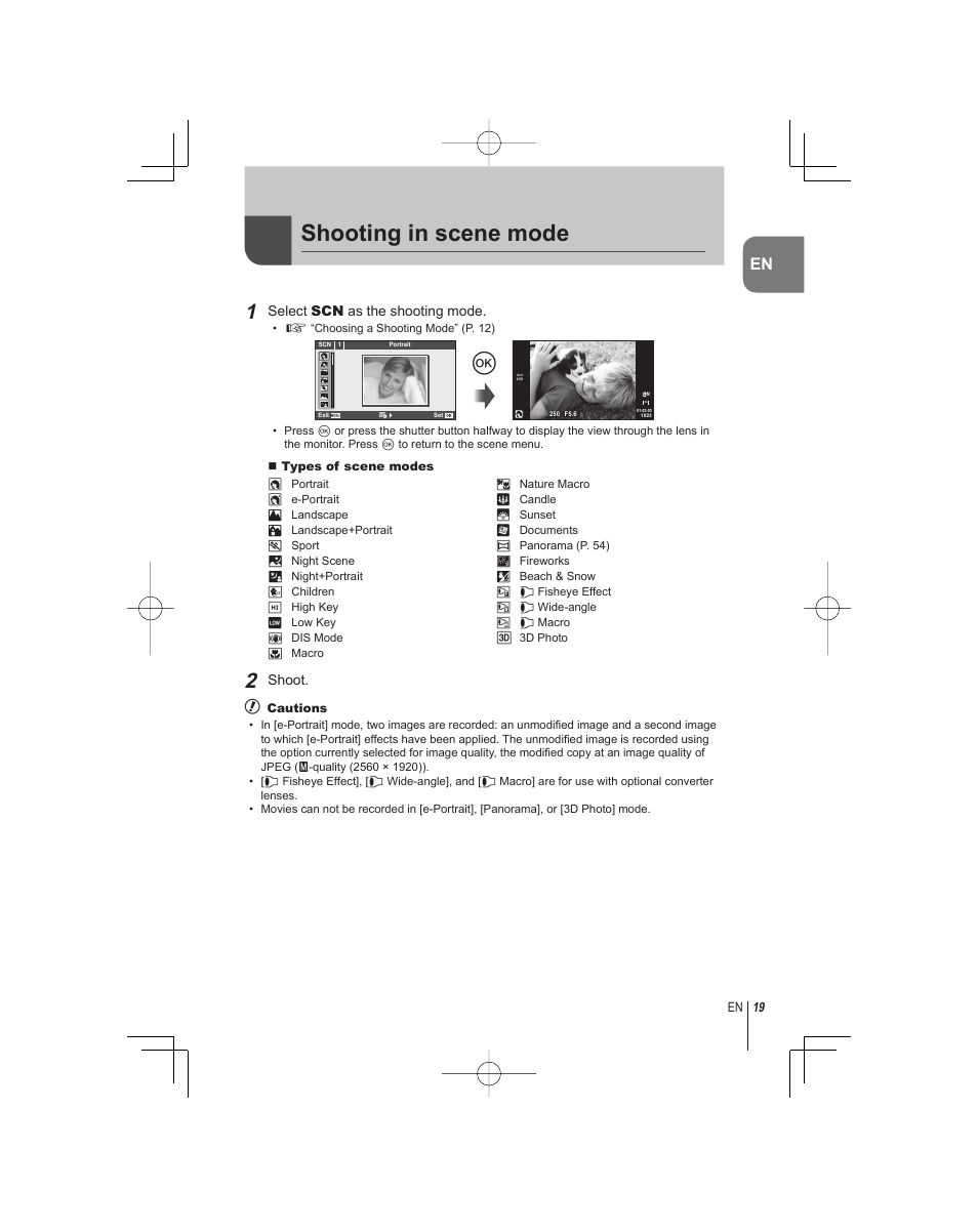 Shooting in scene mode | Olympus E-PM1 User Manual | Page 19 / 92