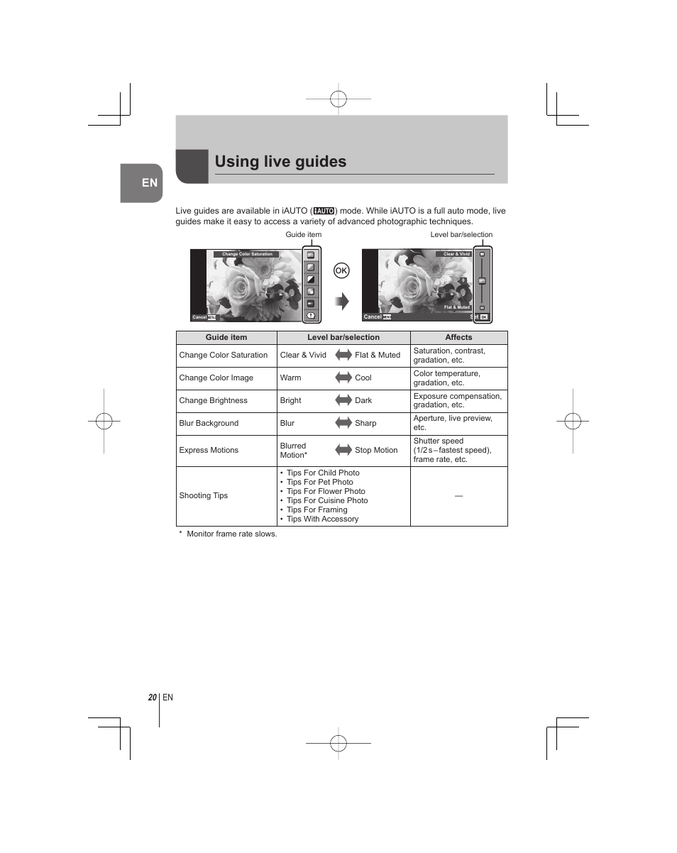 Using live guides | Olympus E-PM1 User Manual | Page 20 / 92