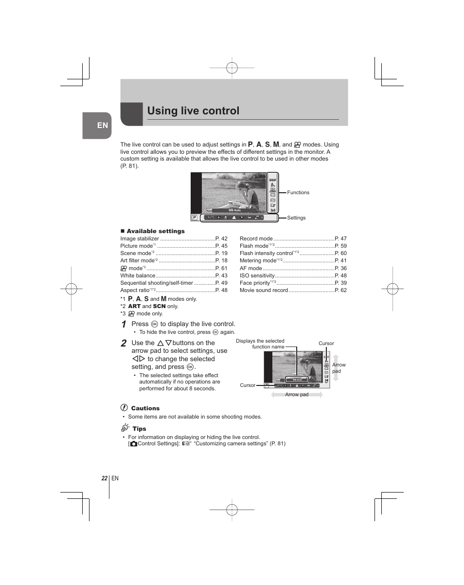 Using live control, Press q to display the live control, Available settings | Cautions, Tips | Olympus E-PM1 User Manual | Page 22 / 92