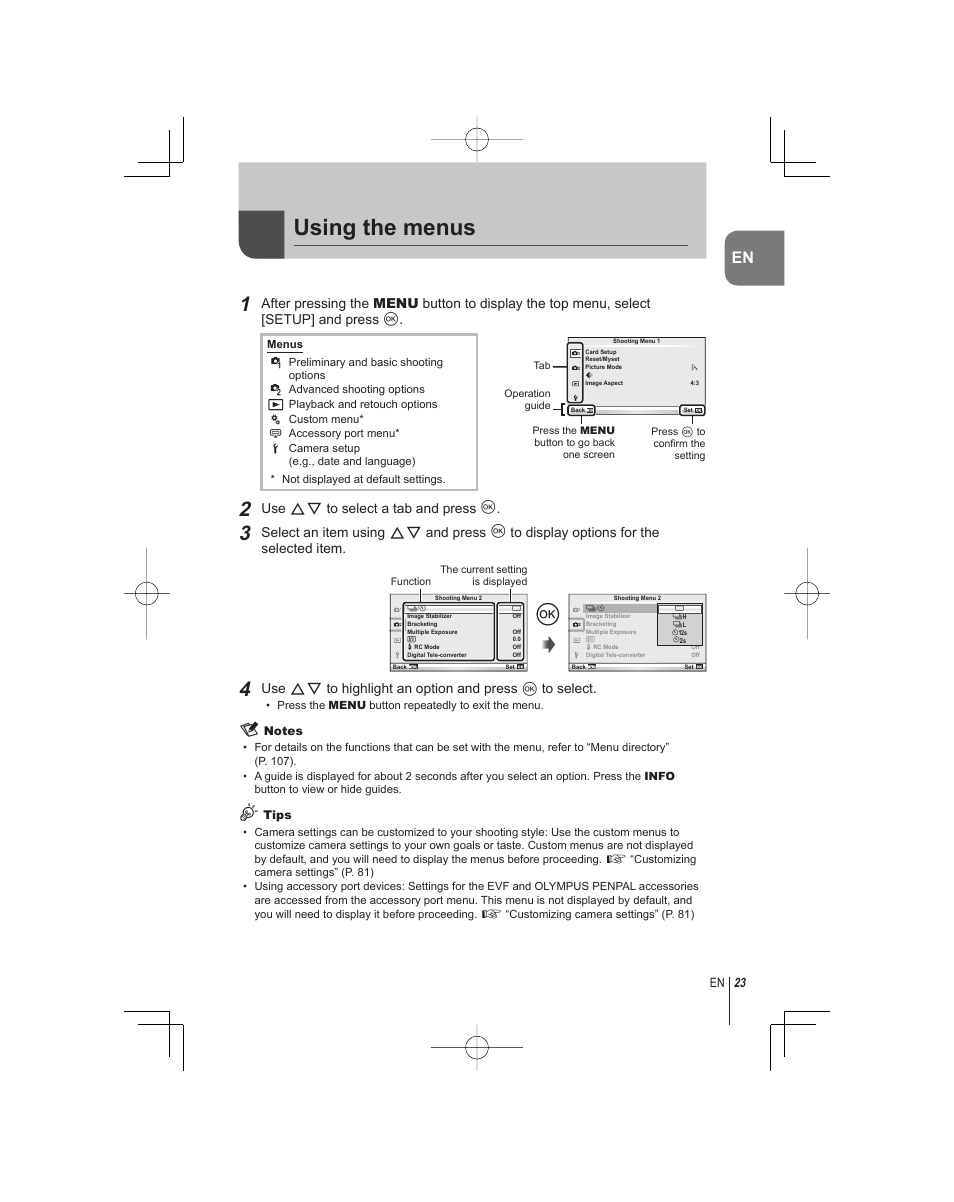 Using the menus, Use fg to select a tab and press q | Olympus E-PM1 User Manual | Page 23 / 92