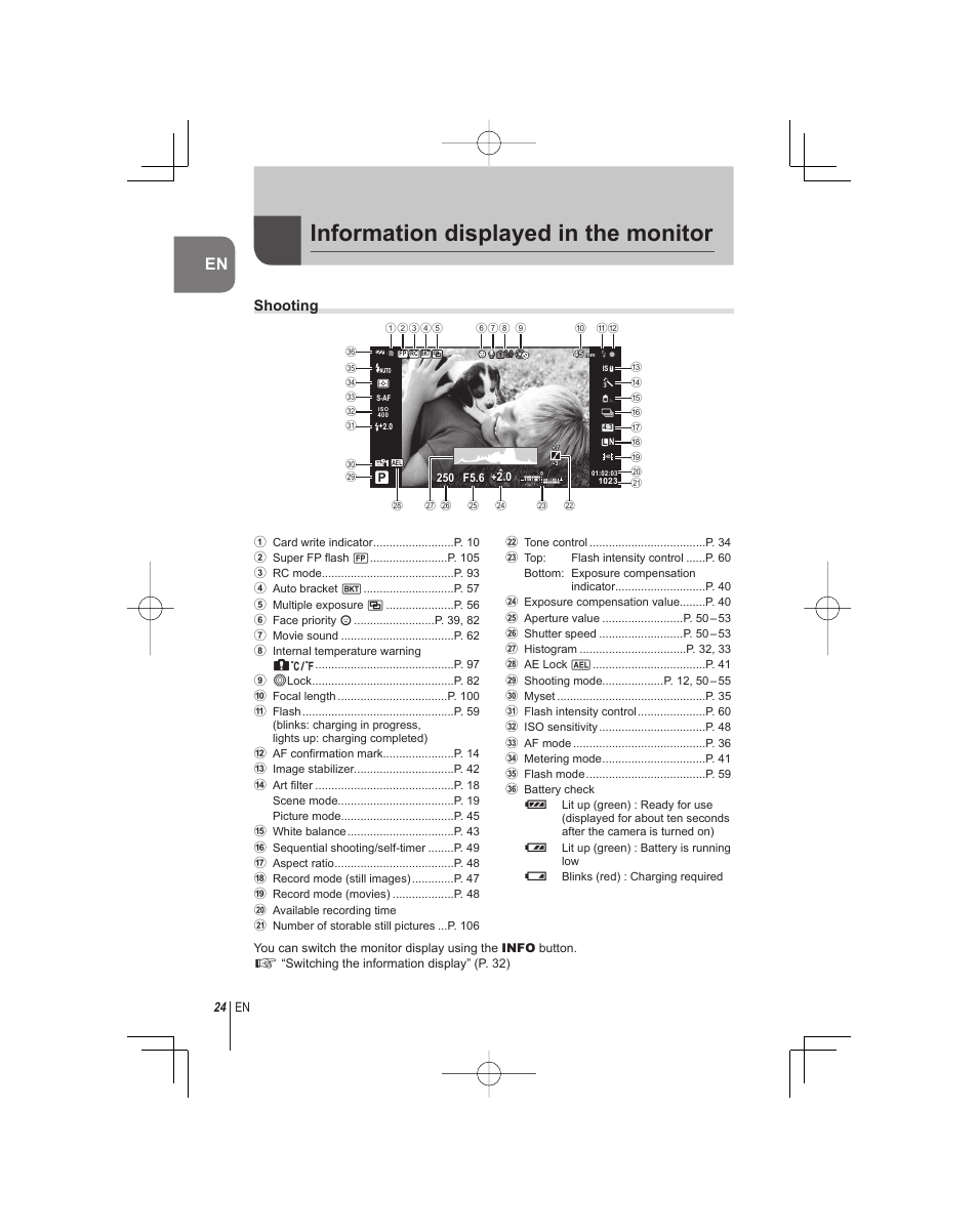 Information displayed in the monitor, Shooting | Olympus E-PM1 User Manual | Page 24 / 92