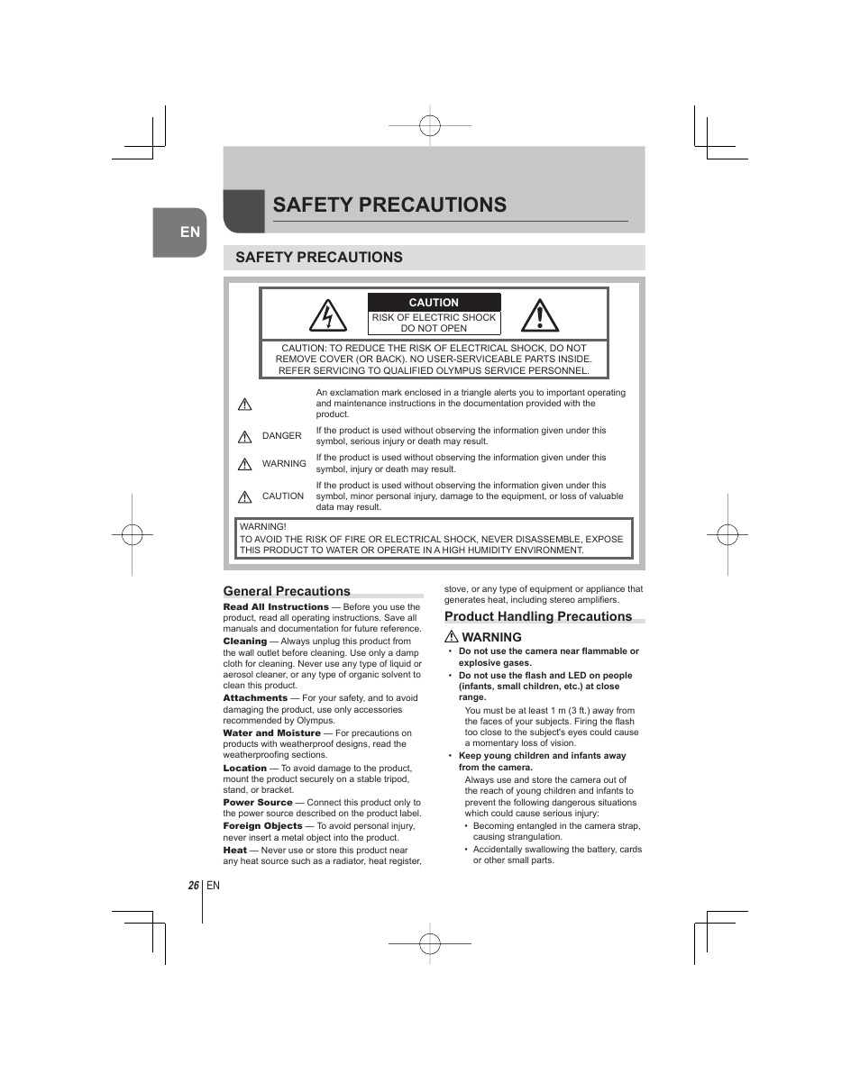 Safety precautions, En safety precautions | Olympus E-PM1 User Manual | Page 26 / 92