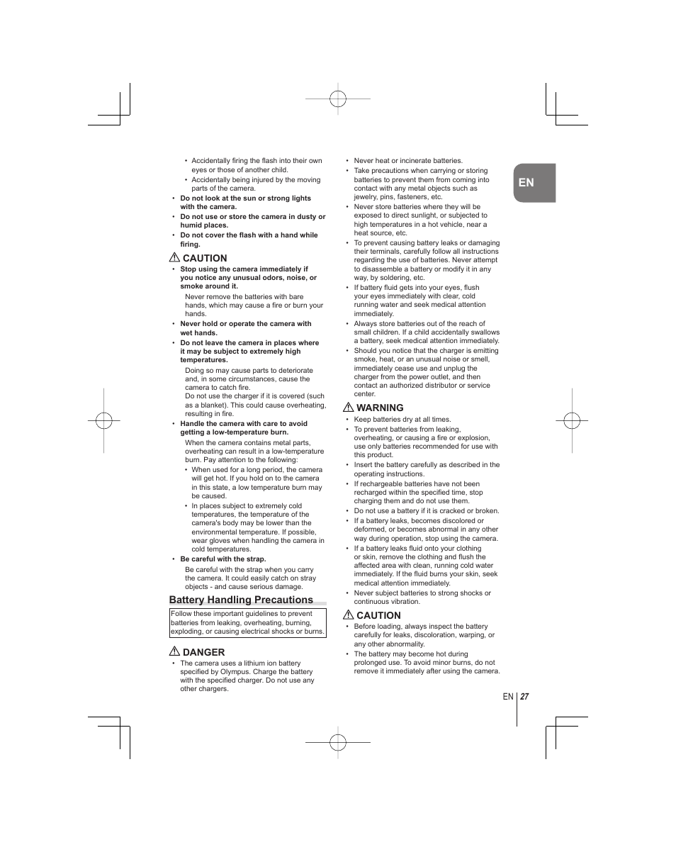 Battery handling precautions | Olympus E-PM1 User Manual | Page 27 / 92