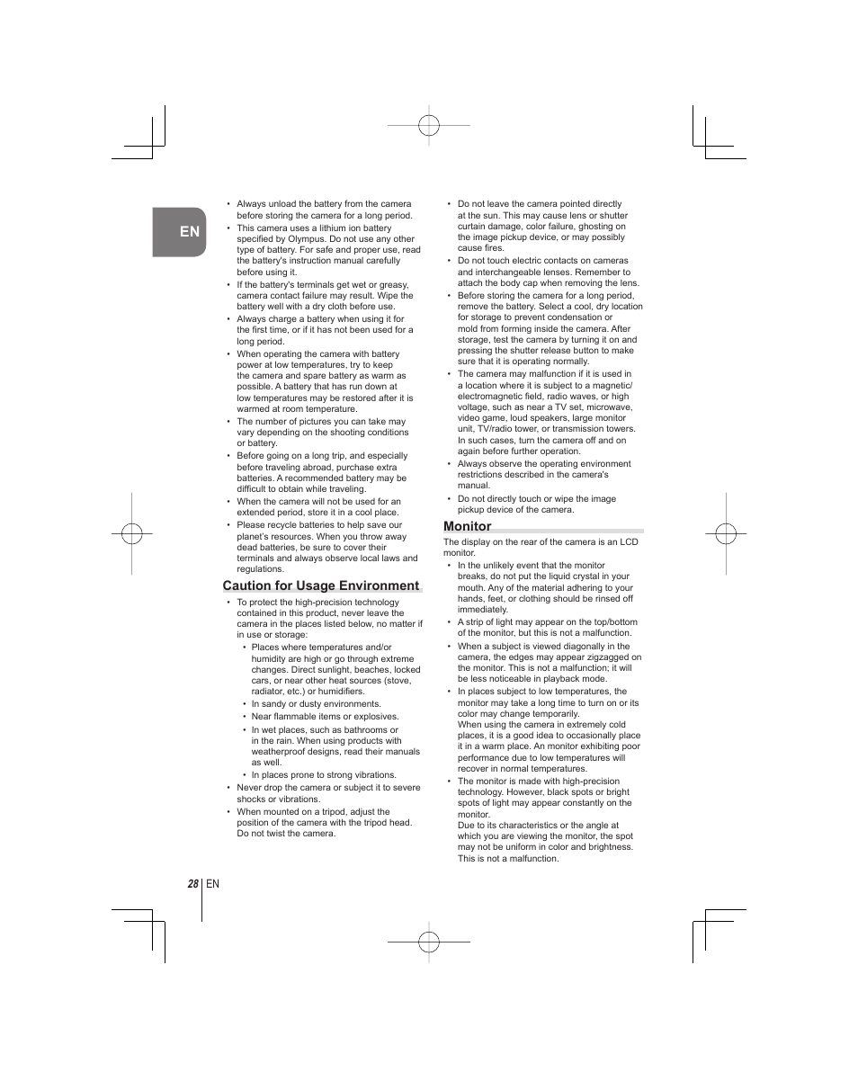 Caution for usage environment, Monitor | Olympus E-PM1 User Manual | Page 28 / 92