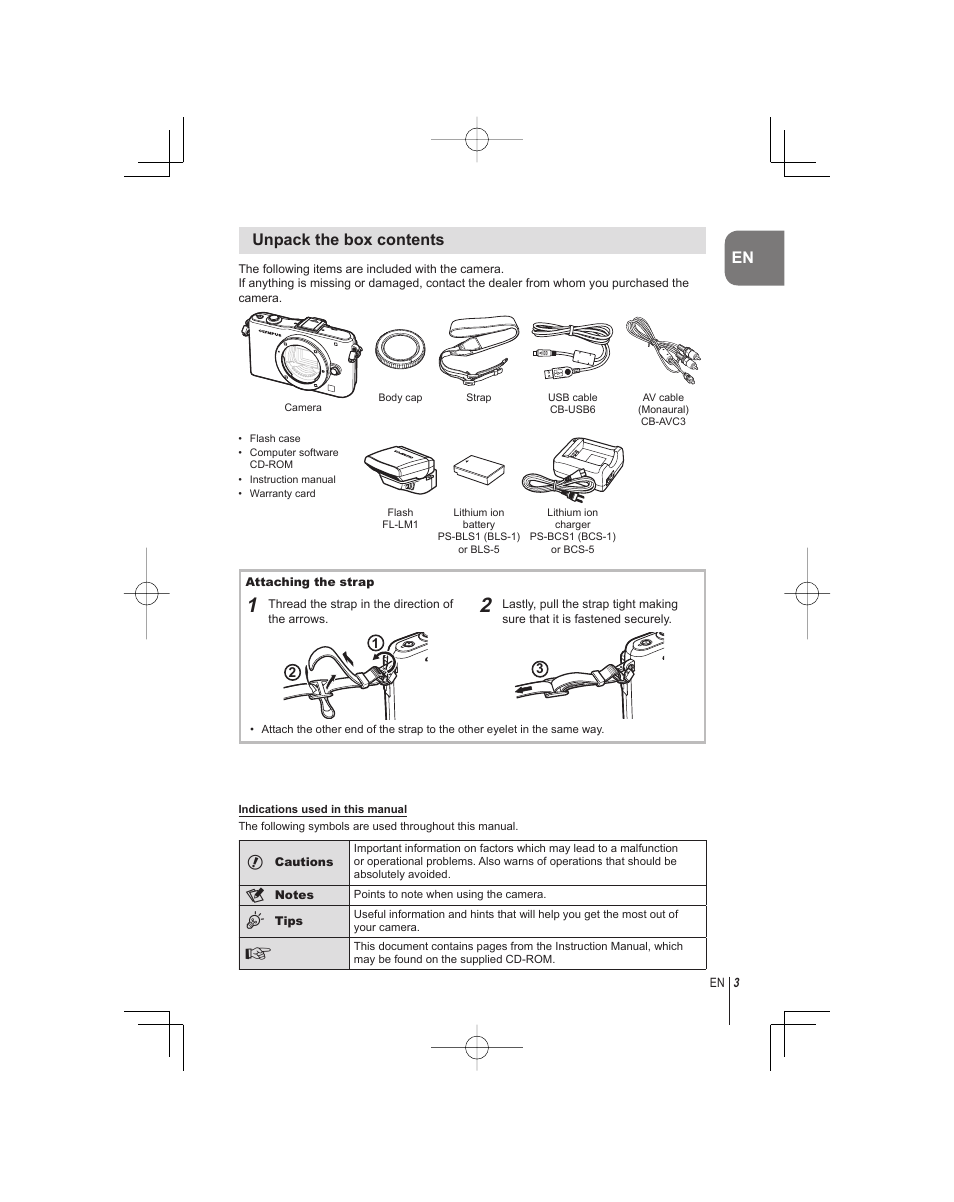 En unpack the box contents | Olympus E-PM1 User Manual | Page 3 / 92