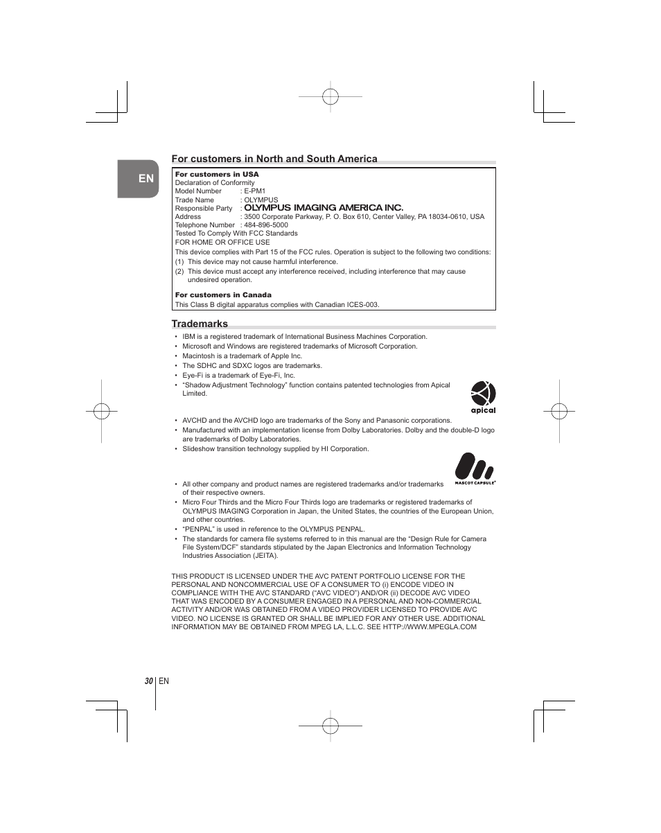 For customers in north and south america, Trademarks | Olympus E-PM1 User Manual | Page 30 / 92