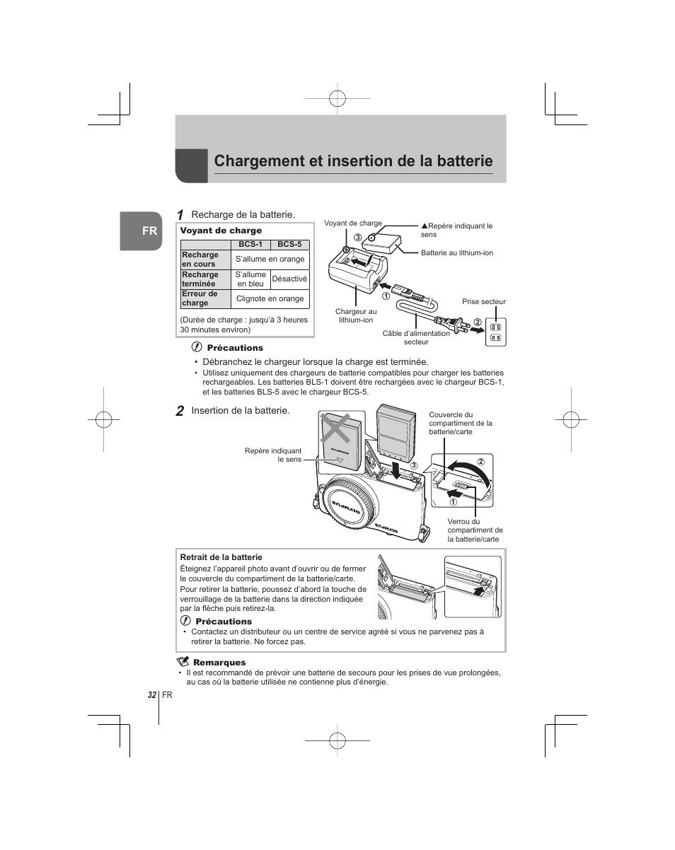 Chargement et insertion de la batterie | Olympus E-PM1 User Manual | Page 32 / 92