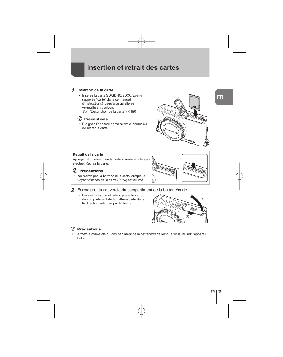 Insertion et retrait des cartes | Olympus E-PM1 User Manual | Page 33 / 92