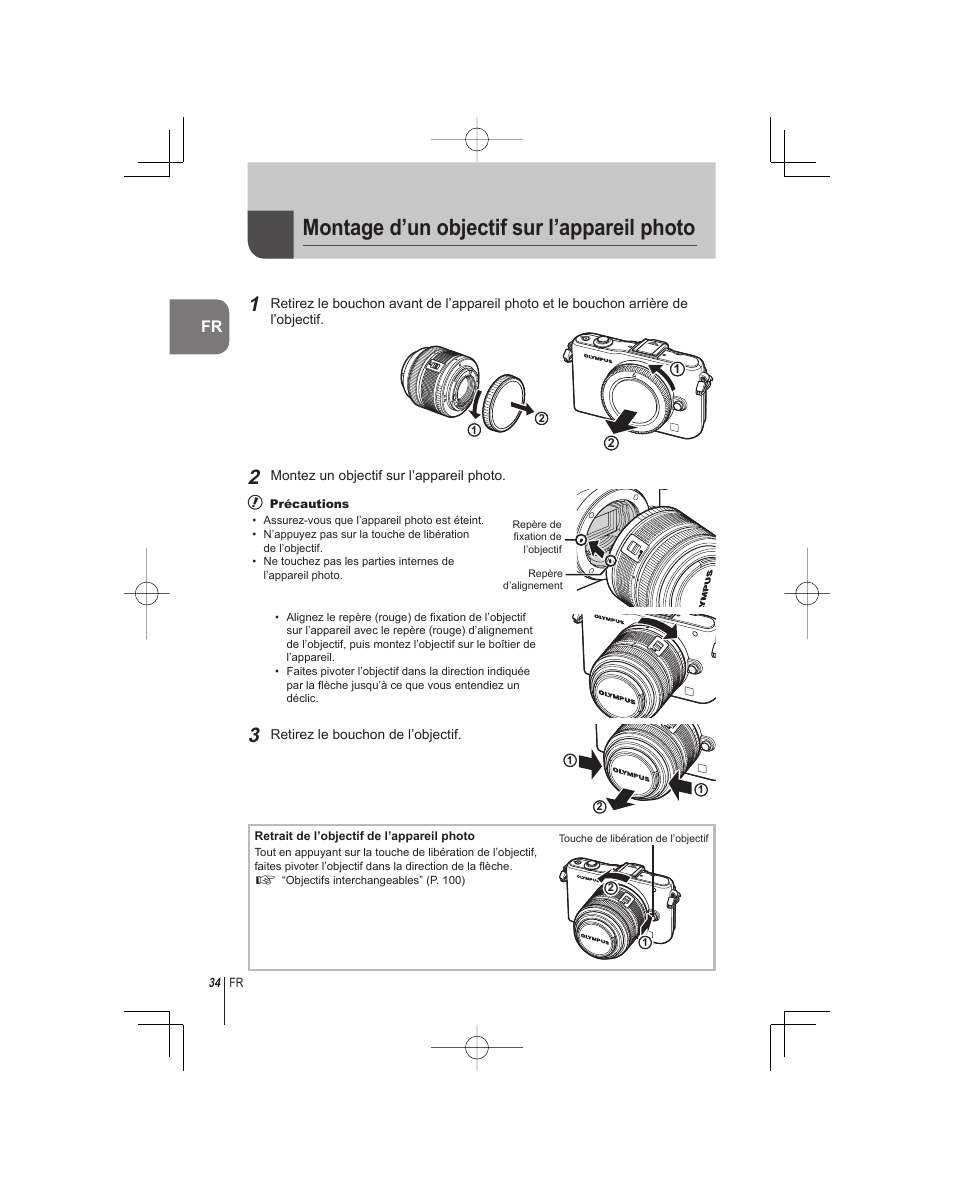 Montage d’un objectif sur l’appareil photo | Olympus E-PM1 User Manual | Page 34 / 92
