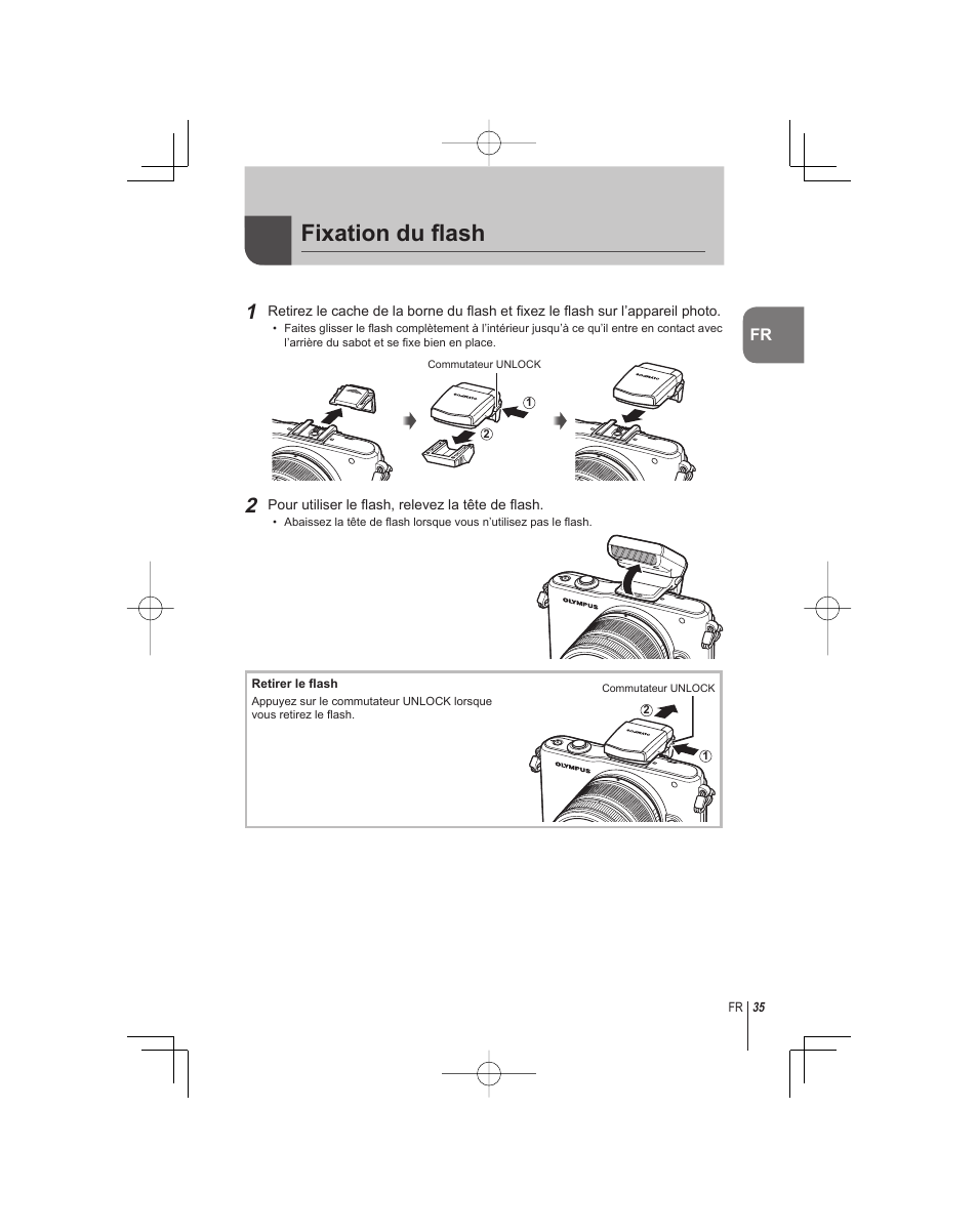 Fixation du fl ash | Olympus E-PM1 User Manual | Page 35 / 92