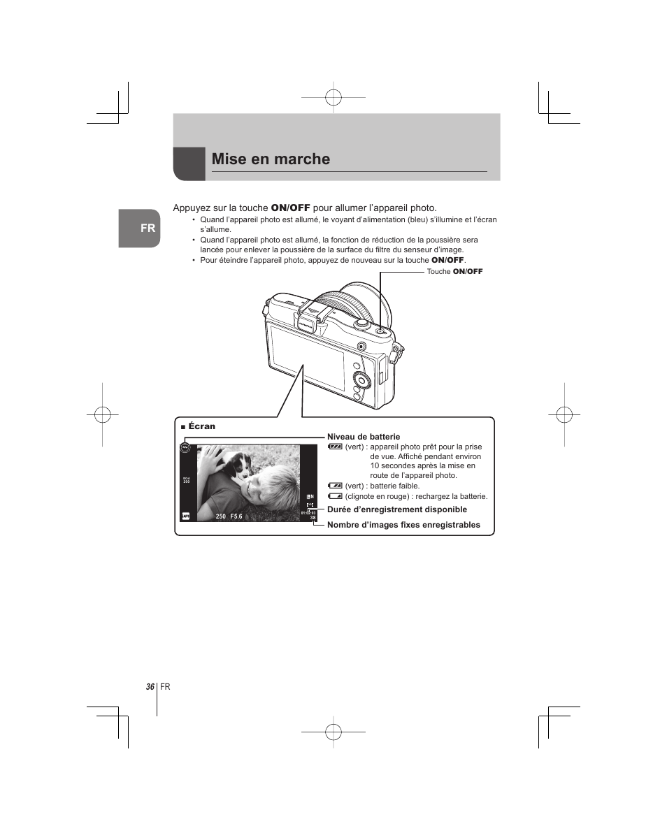 Mise en marche | Olympus E-PM1 User Manual | Page 36 / 92