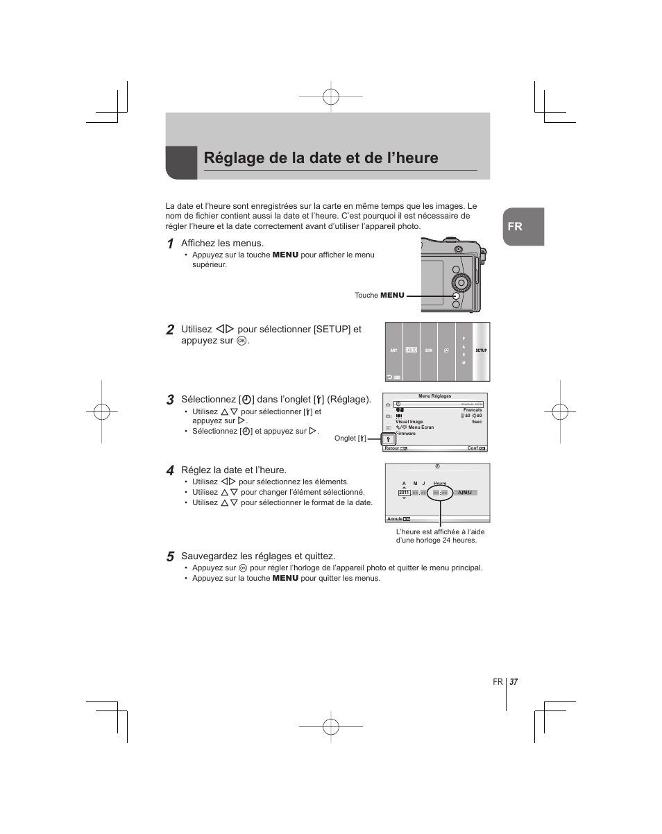 Réglage de la date et de l’heure | Olympus E-PM1 User Manual | Page 37 / 92