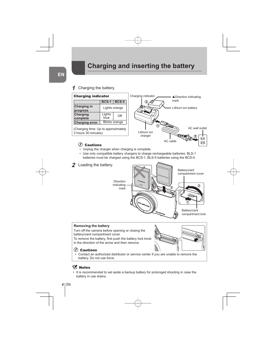 Charging and inserting the battery | Olympus E-PM1 User Manual | Page 4 / 92