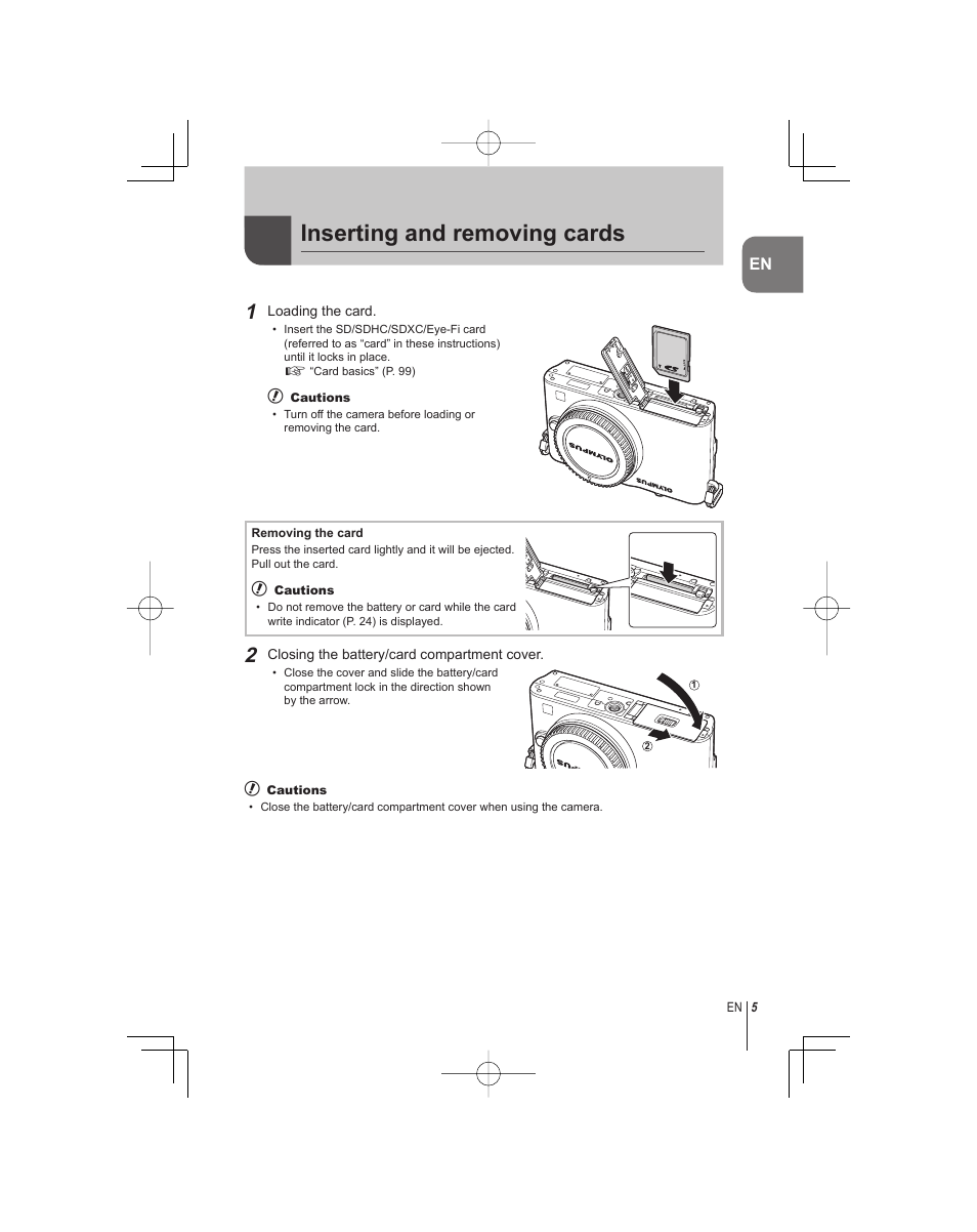 Inserting and removing cards | Olympus E-PM1 User Manual | Page 5 / 92