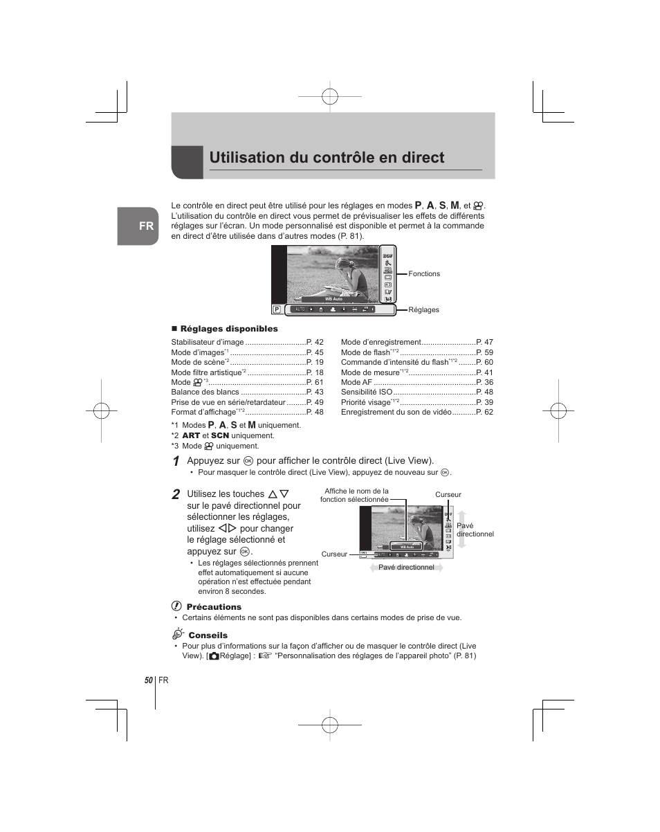 Utilisation du contrôle en direct, Réglages disponibles, Précautions | Conseils | Olympus E-PM1 User Manual | Page 50 / 92