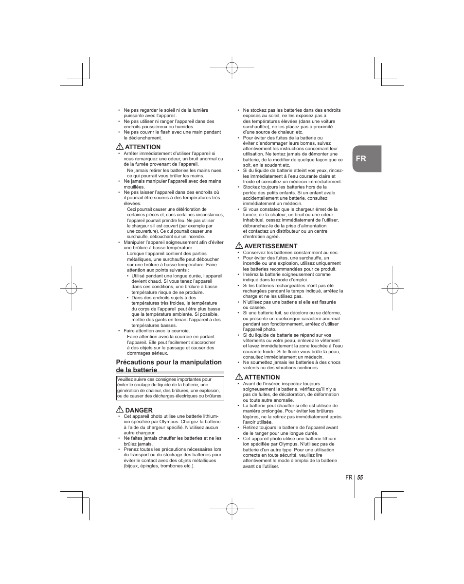 Précautions pour la manipulation de la batterie | Olympus E-PM1 User Manual | Page 55 / 92