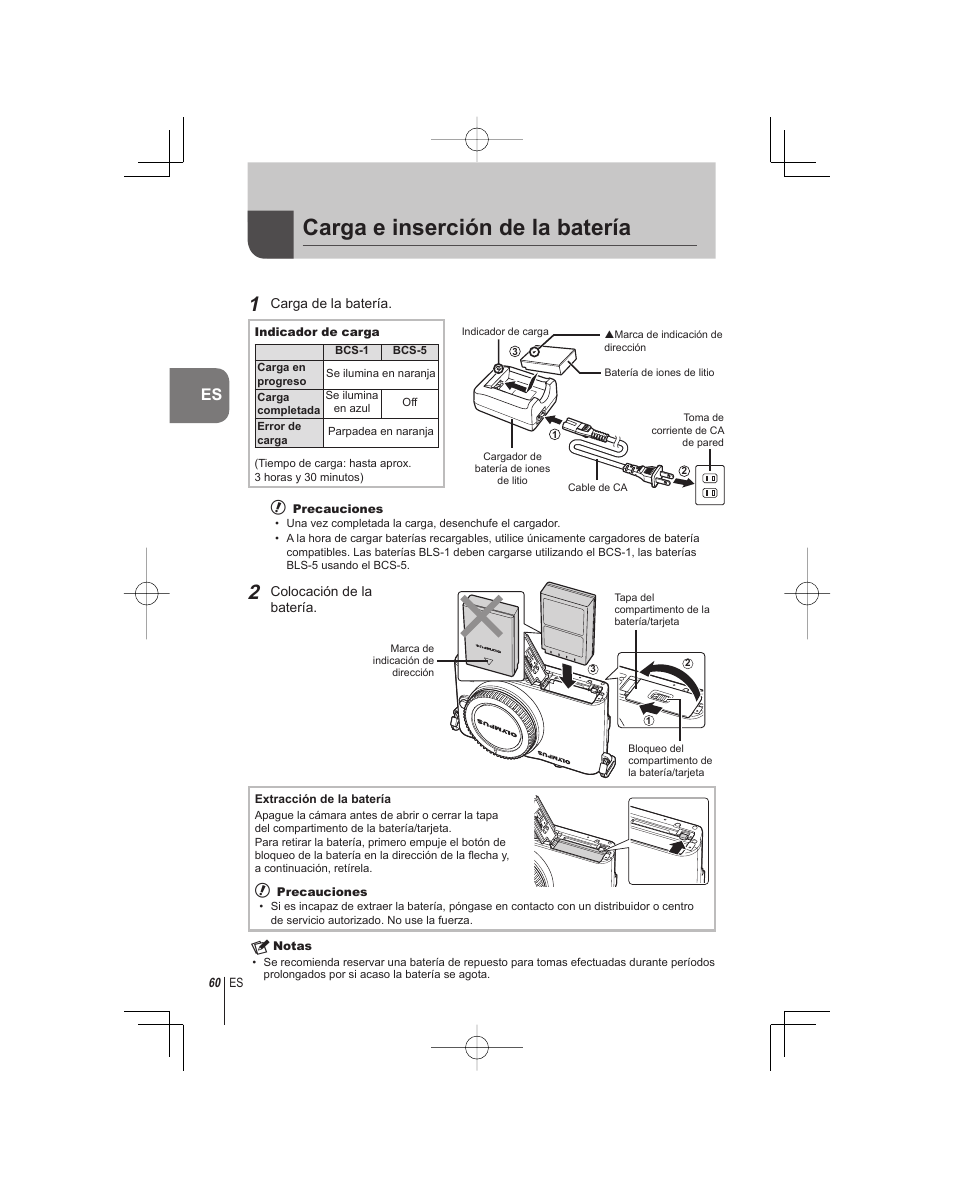 Carga e inserción de la batería | Olympus E-PM1 User Manual | Page 60 / 92