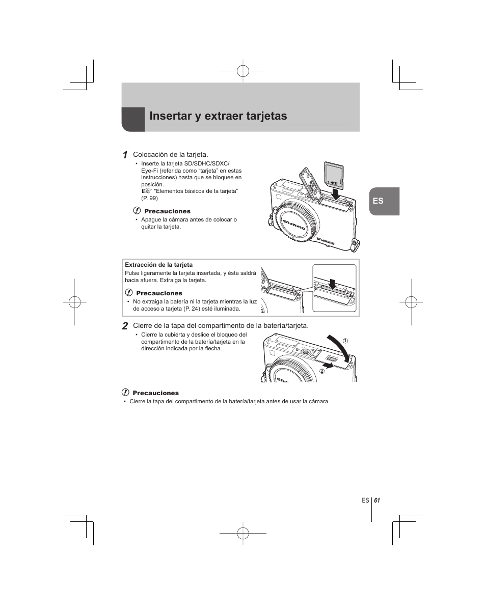 Insertar y extraer tarjetas | Olympus E-PM1 User Manual | Page 61 / 92
