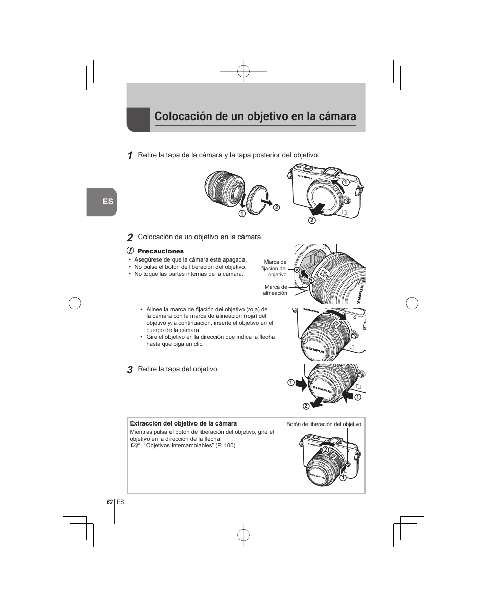 Colocación de un objetivo en la cámara | Olympus E-PM1 User Manual | Page 62 / 92