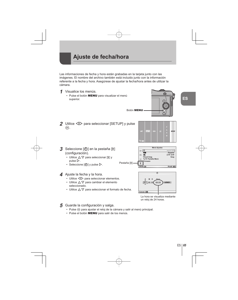 Ajuste de fecha/hora | Olympus E-PM1 User Manual | Page 65 / 92