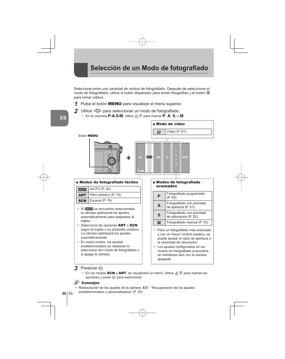 Selección de un modo de fotografi ado | Olympus E-PM1 User Manual | Page 68 / 92