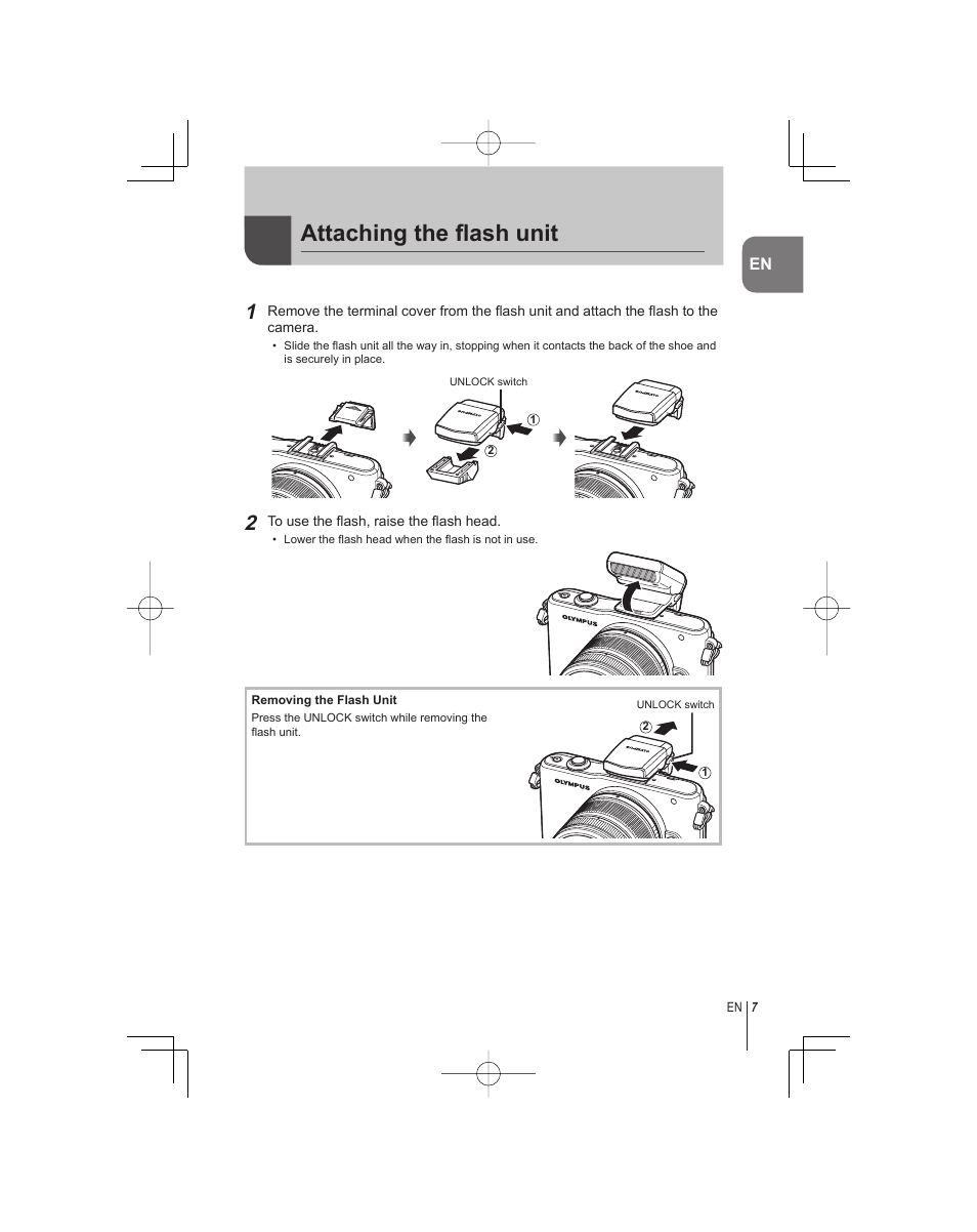 Attaching the fl ash unit | Olympus E-PM1 User Manual | Page 7 / 92